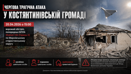 В Константиновской общине в результате удара БПЛА Shahed погибли двое гражданских, еще двое получили ранения